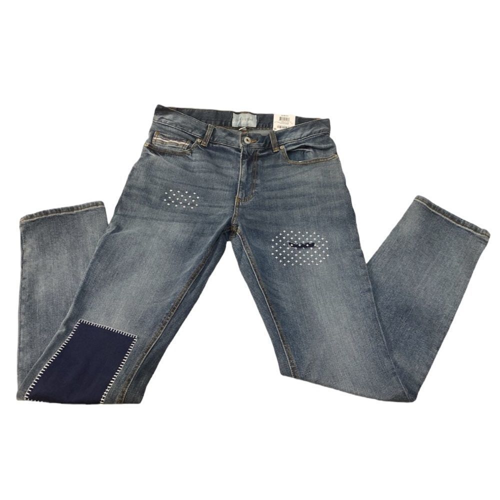 Men’s Slim Fit Patchwork Stretch Jeans Blue Distressed Denim Sun + Stone 32x32
